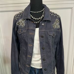 Denim Jacket Dark Gray with Sequin Bumblee Bee Patches and Studs